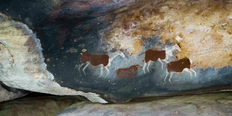 Alte Kunst: Höhlenmalerei - vier Tiere mit hellen Gliedmaßen und Köpfen und dunklen Körpern auf eine Steinwand gezeichnet