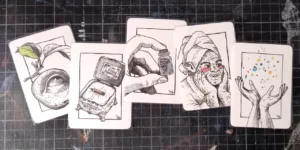 5 Zeichnungen für Inktober 2026 auf kleinen Künstler-Sammelkarten