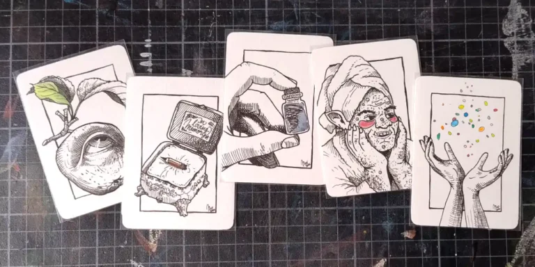 5 Zeichnungen für Inktober 2026 auf kleinen Künstler-Sammelkarten